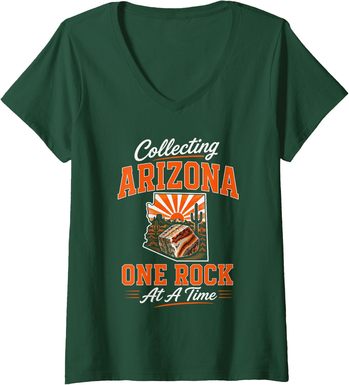 Women's Rockhounding USA State Collecting Arizona One Rock At A Time V-Neck T-Shirt - Dark Green