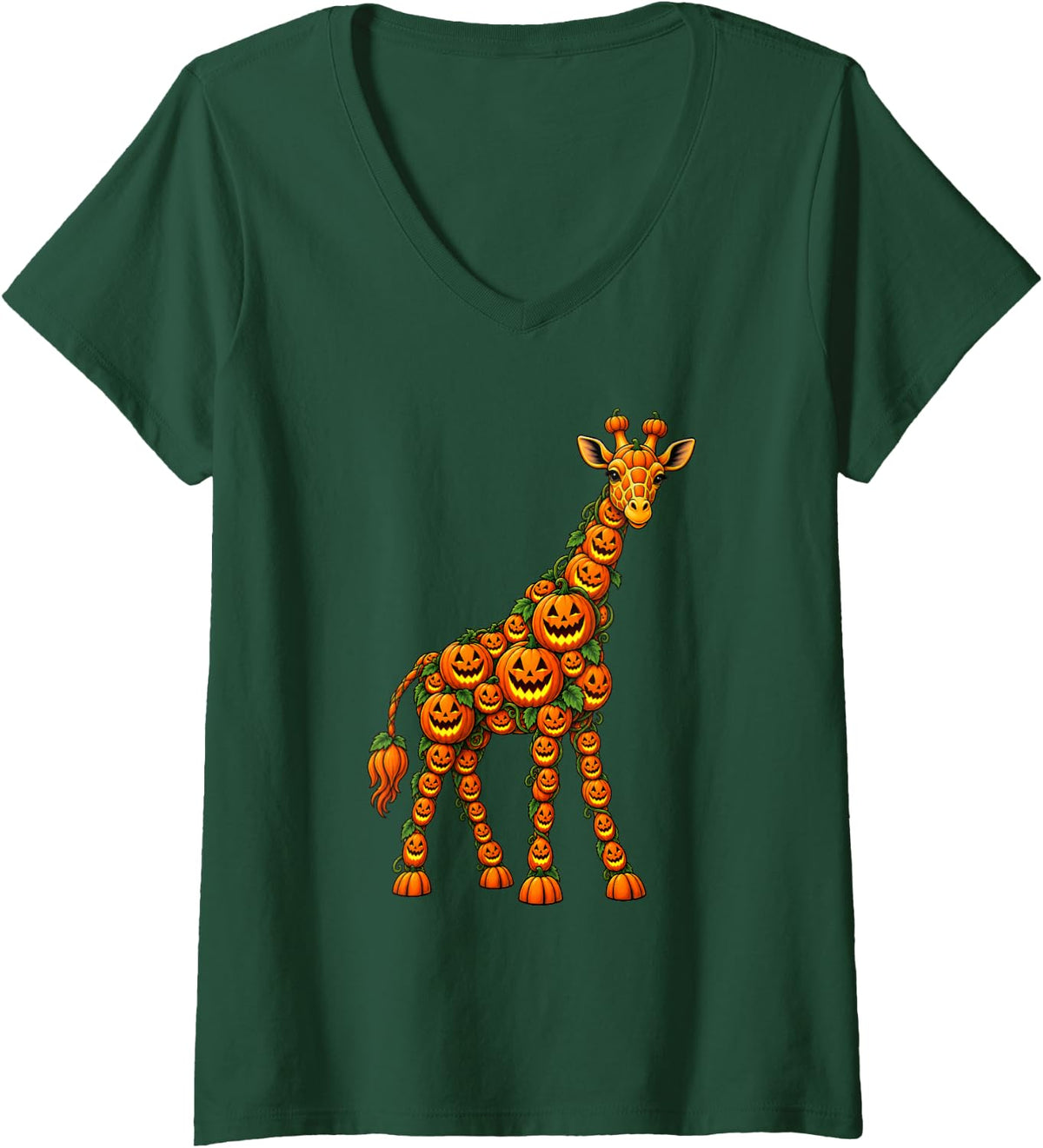 Women's Cute Giraffe Jack O Lantern Pumpkin Halloween V-Neck T-Shirt - Dark Green