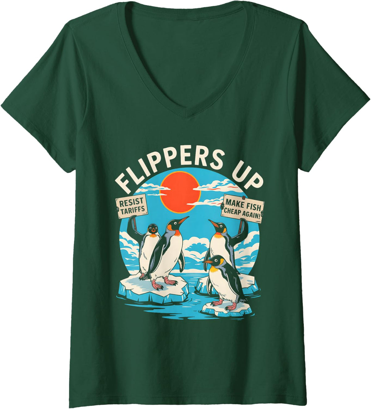 Women's Funny Resist Penguins Protest Against Tariffs V-Neck T-Shirt - Dark Green