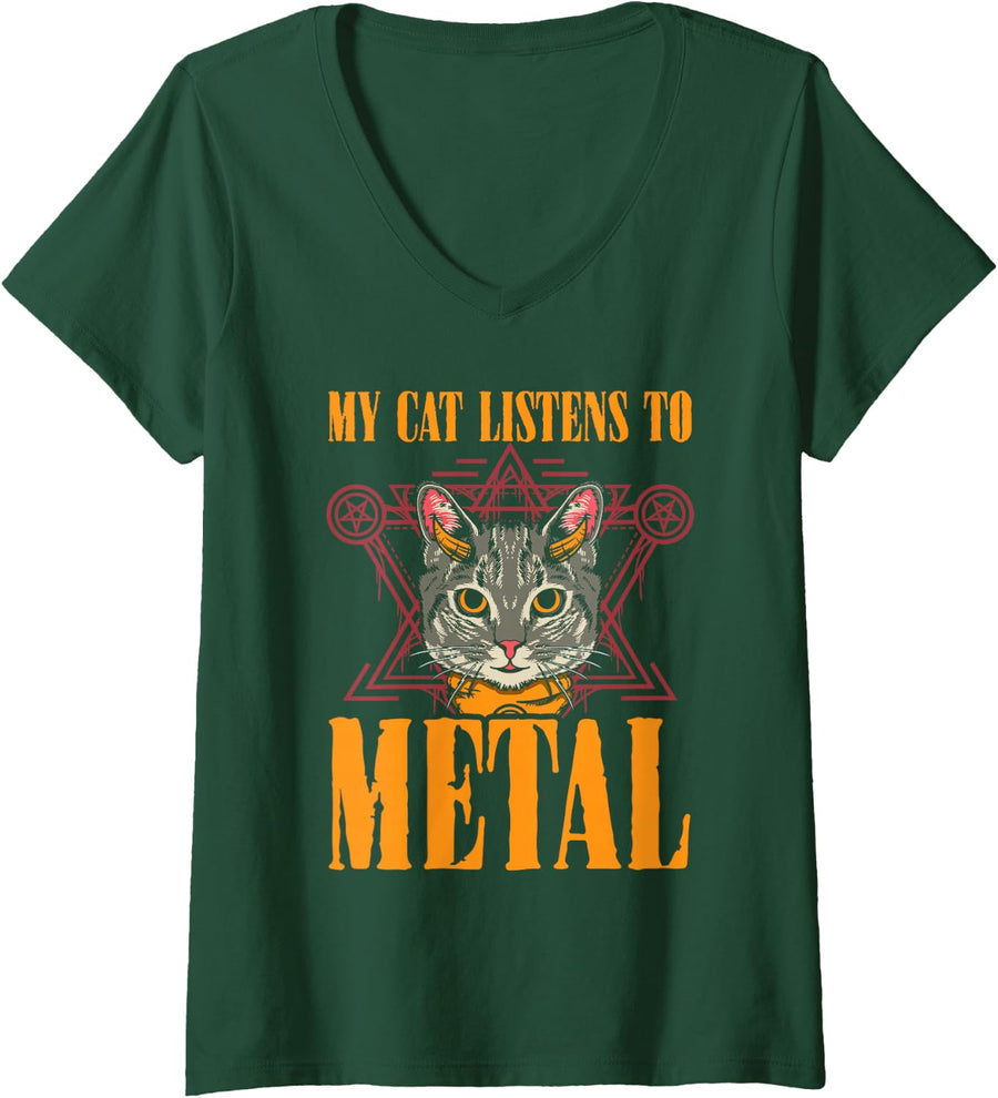 Women's My Cat Listens to Metal Funny Metalhead Cat Lovers Humor V-Neck T-Shirt - Dark Green