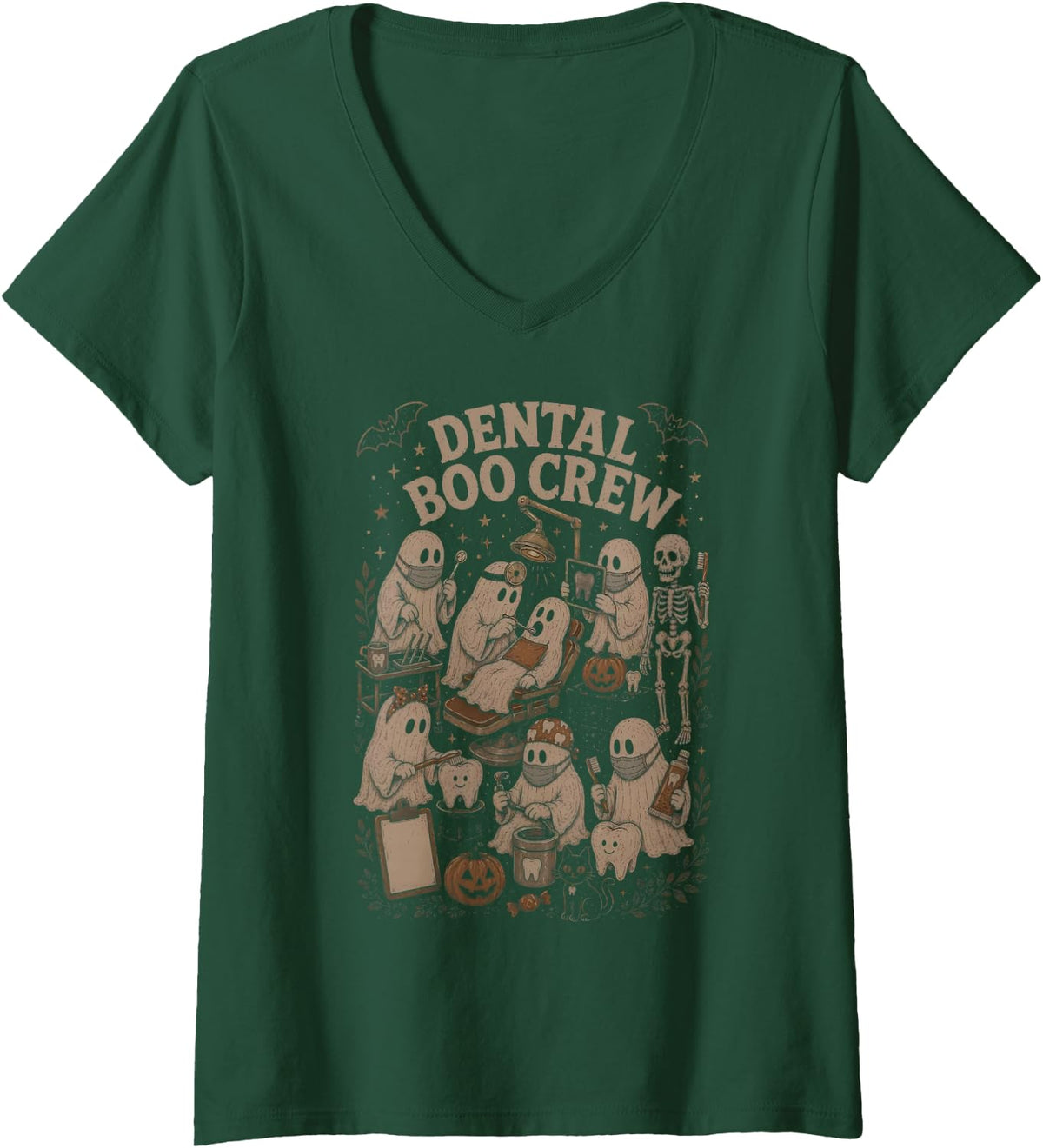 Women's Halloween Dental Boo Crew Dentist Costume Ghost Dental Squad V-Neck T-Shirt - Dark Green