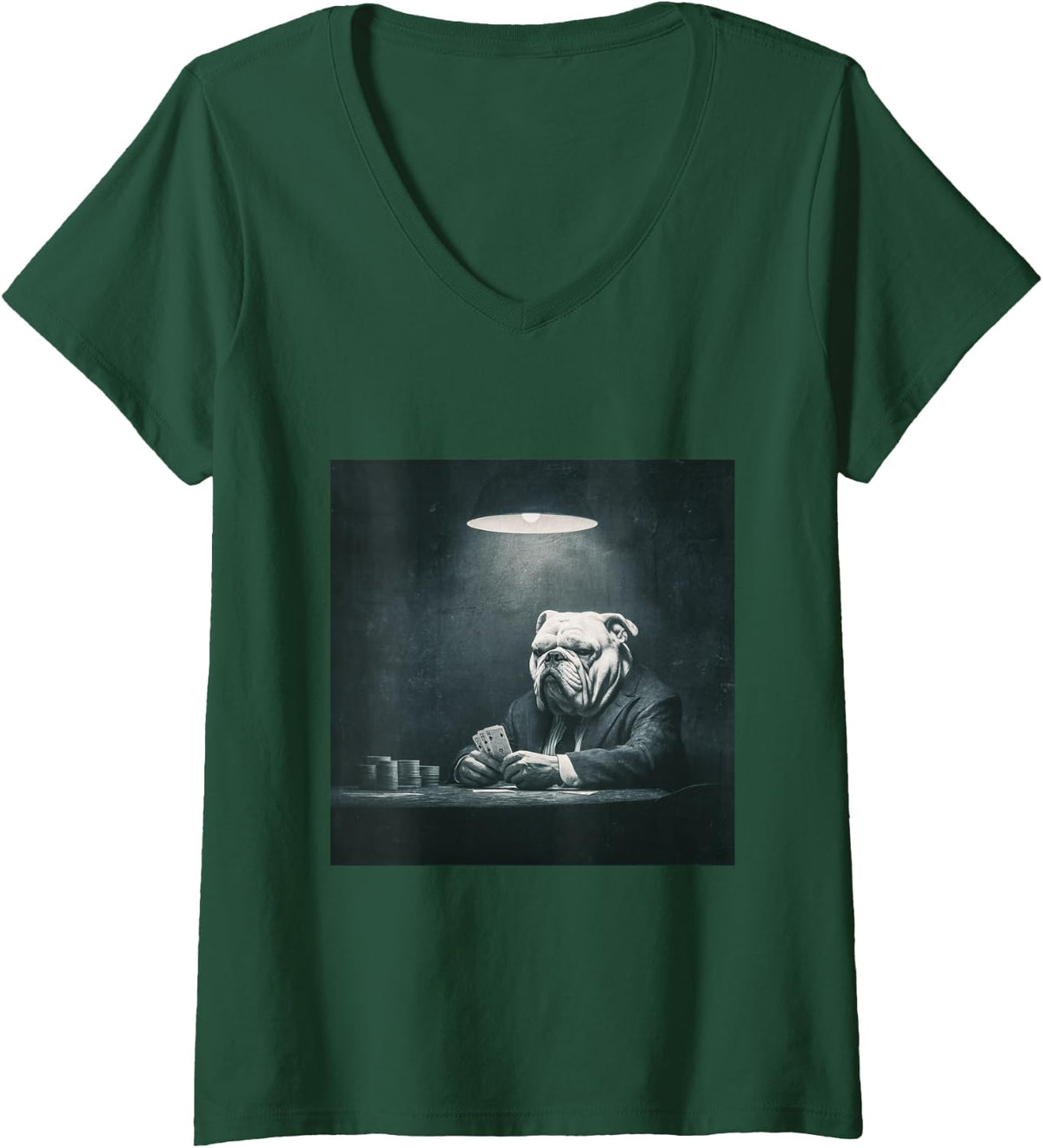 Women's Bulldog Poker Player Noir Gambling Cards V-Neck T-Shirt - Dark Green