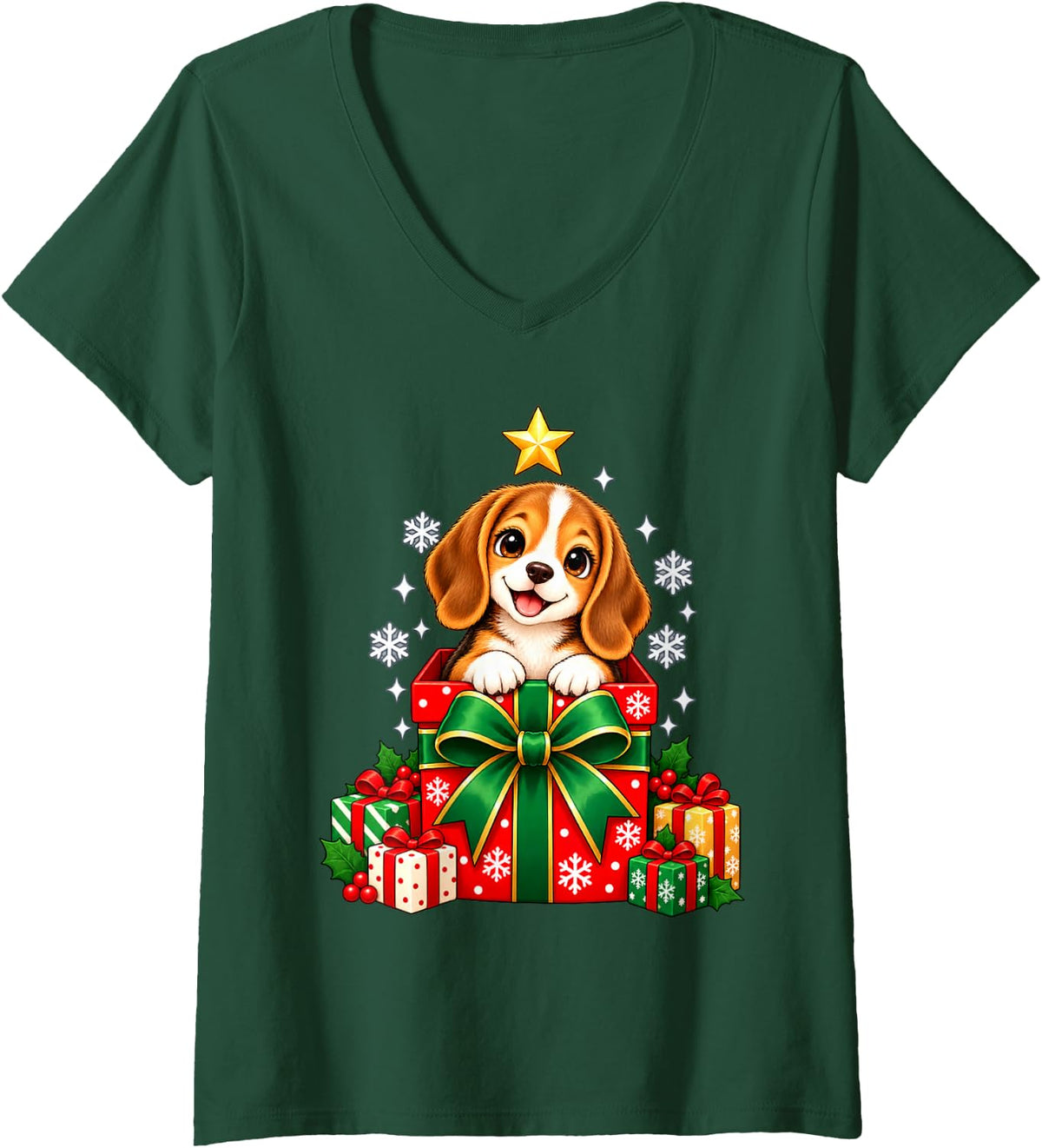 Women's Playful Beagle Christmas Box Holiday Graphic V-Neck T-Shirt - Dark Green