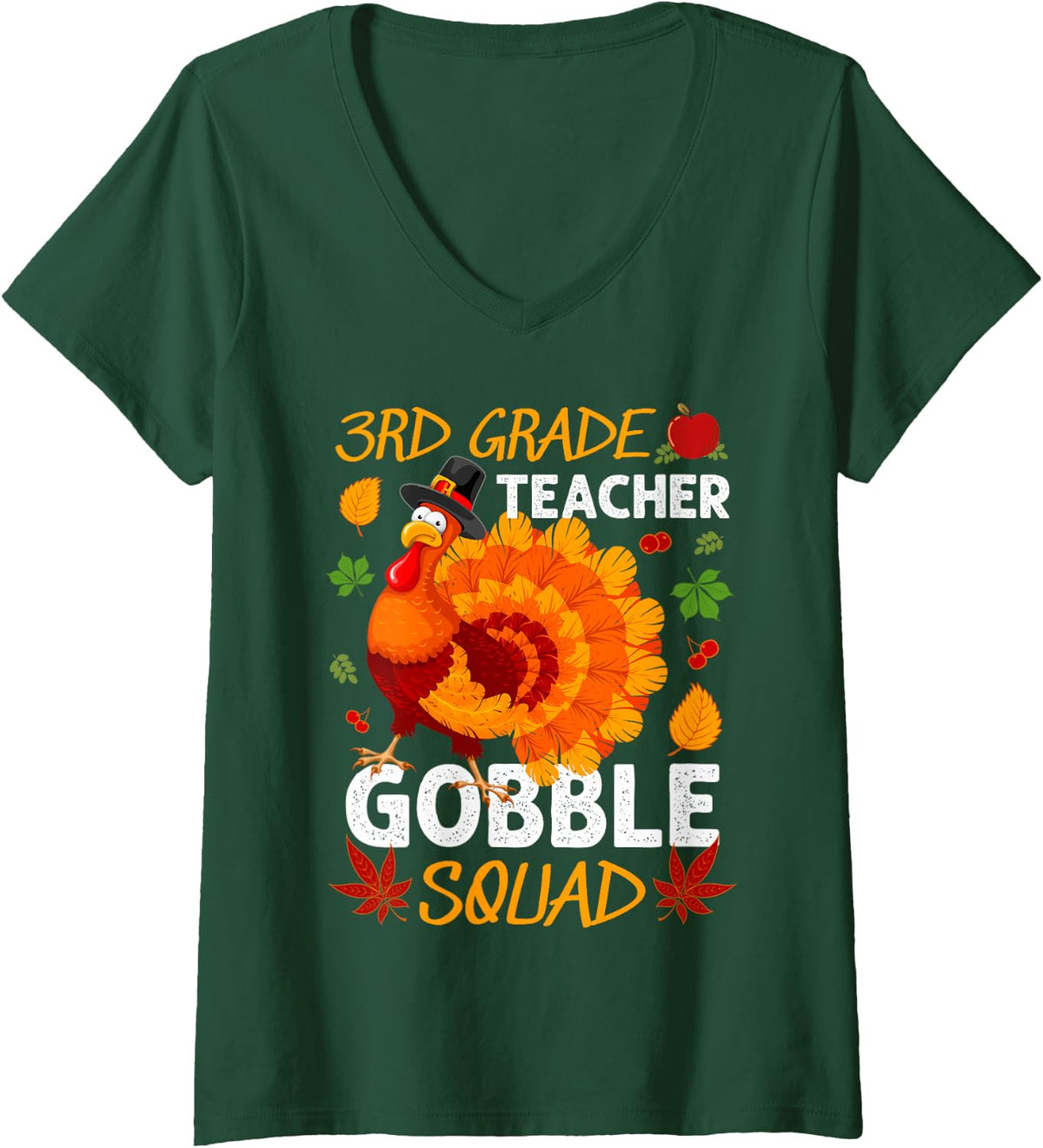 Women's 3rd Grade Teacher Gobble Squad Turkey Thanksgiving Fall V-Neck T-Shirt - Dark Green