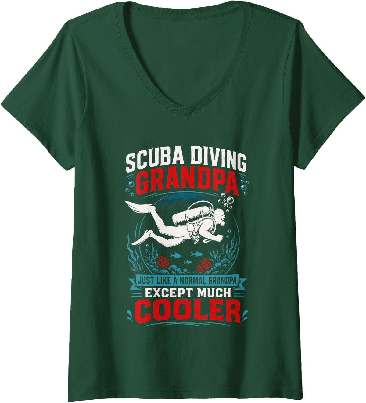 Women's Scuba Diving Grandpa Fathers Day Underwater Explorer Wetsuit V-Neck T-Shirt - Dark Green