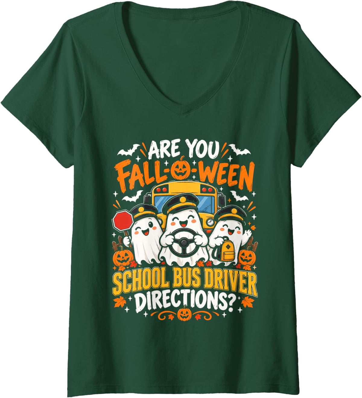 Women's Fall-O-WEEN School Bus Driver Halloween Funny Bus Driver V-Neck T-Shirt - Dark Green