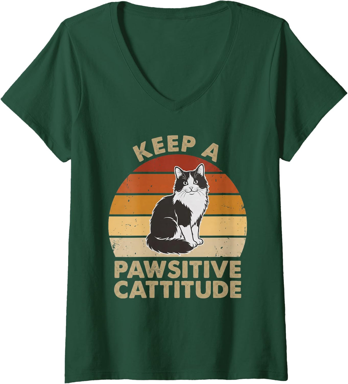 Women's Keep Pawsitive Cattitude Funny Calico Cat Mom Retro Sunset V-Neck T-Shirt - Dark Green