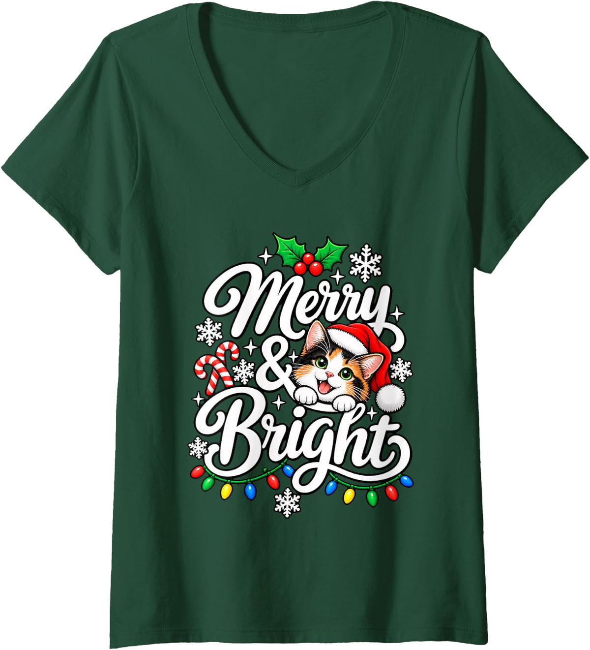 Women's Calico Cat Merry Bright Christmas Xmas Santa Hat Mom Dad V-Neck T-Shirt - Dark Green