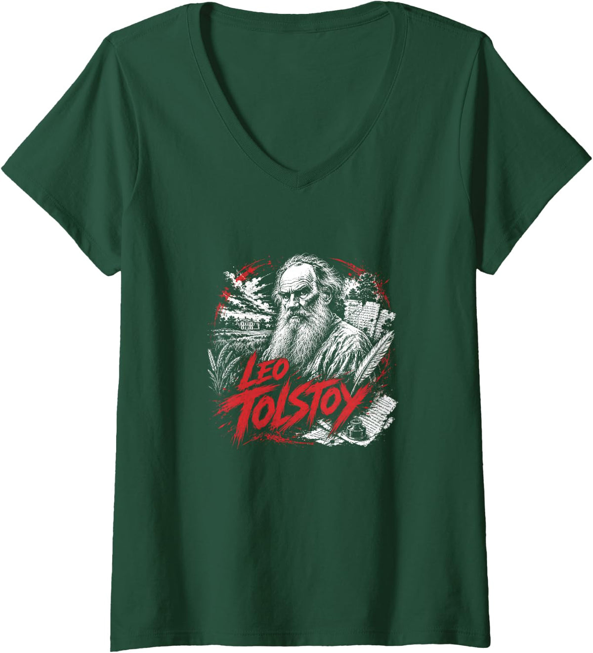 Women's Writer Leo Tolstoy Wisdom Russian Literature V-Neck T-Shirt - Dark Green