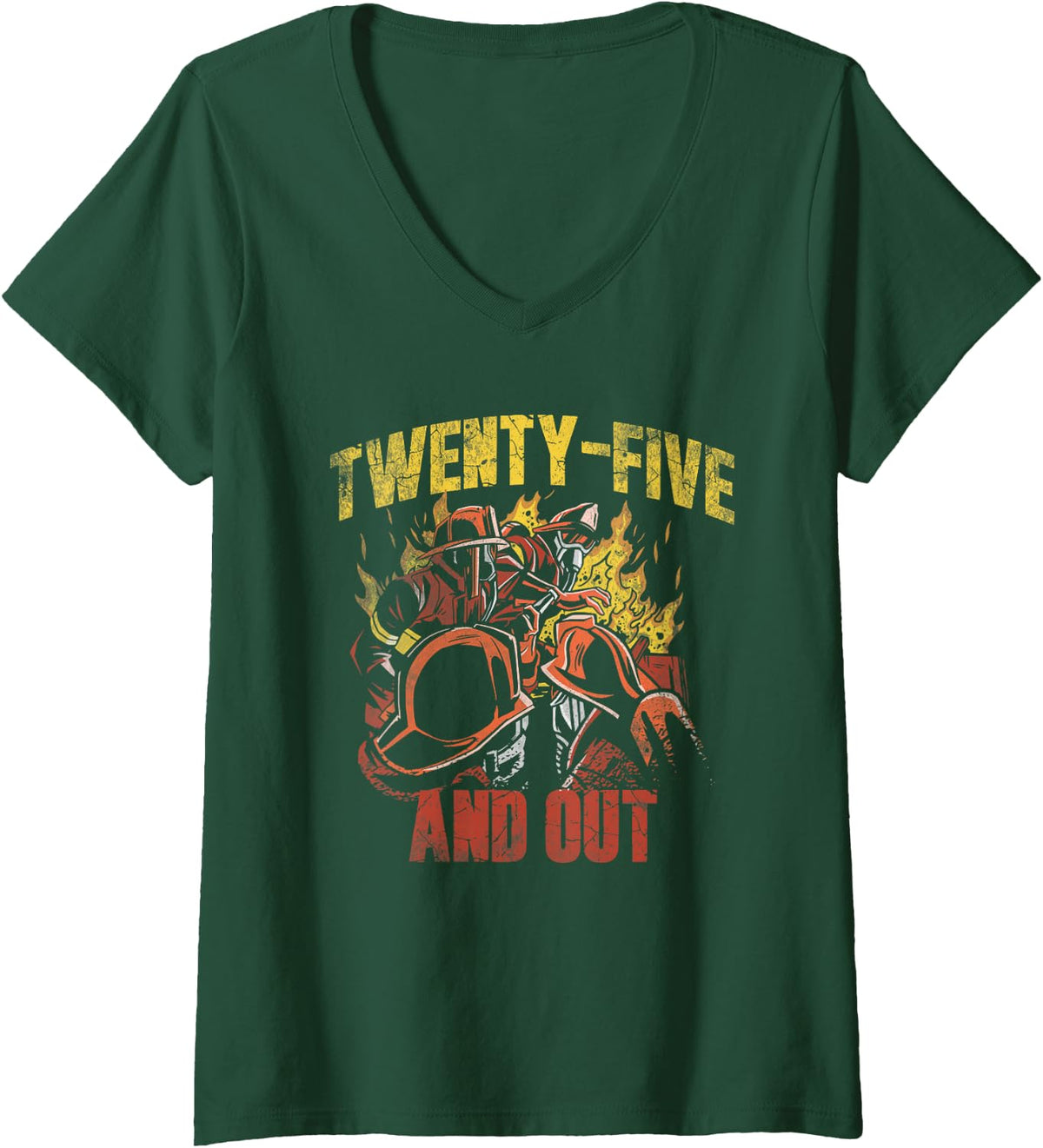 Women's Twenty-Five and Out Retired Firefighter Fireman Fire Dept V-Neck T-Shirt - Dark Green