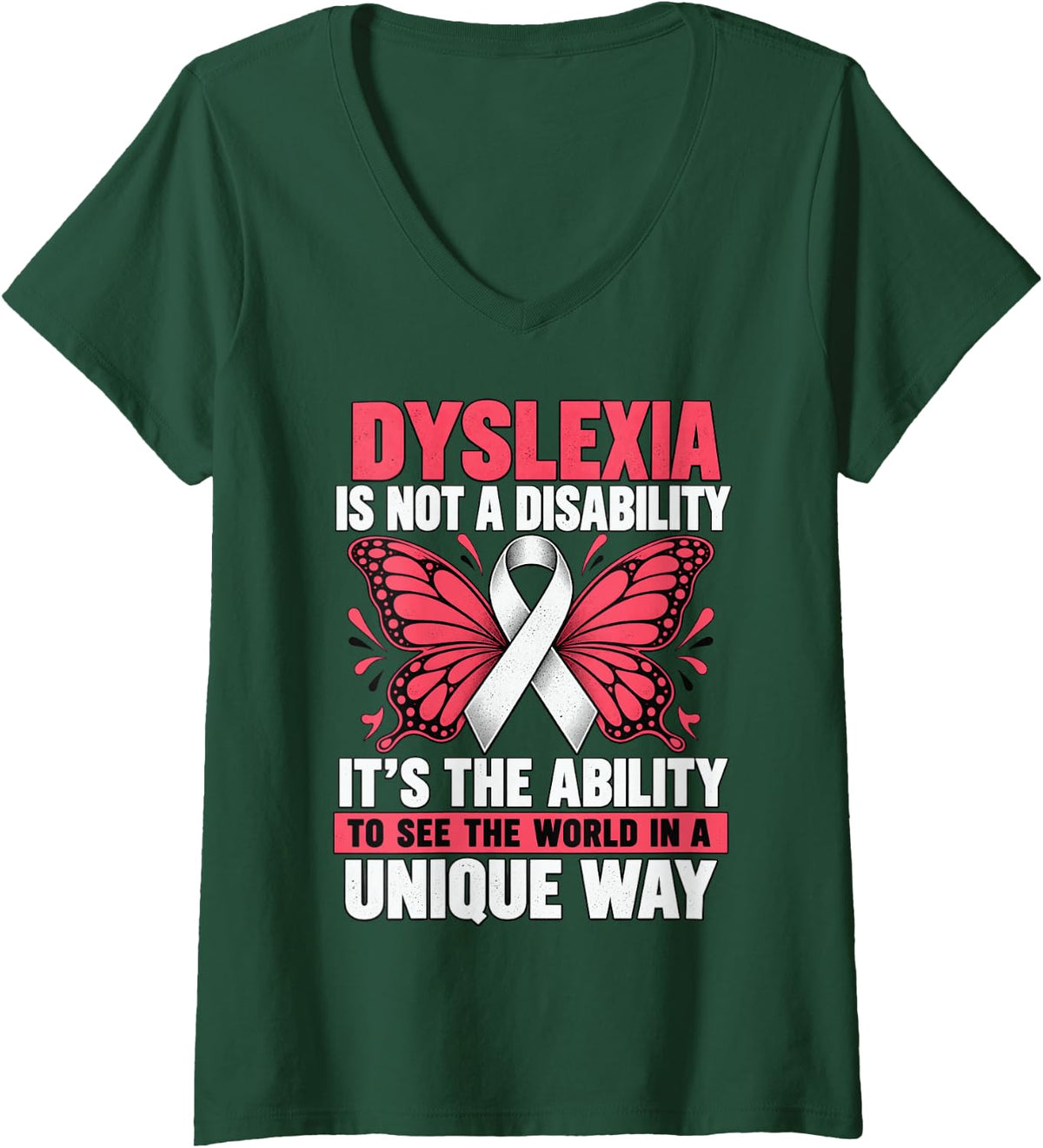 Women's Dyslexia Unique Way Neurodiversity Awareness Men Women Kids. V-Neck T-Shirt - Dark Green