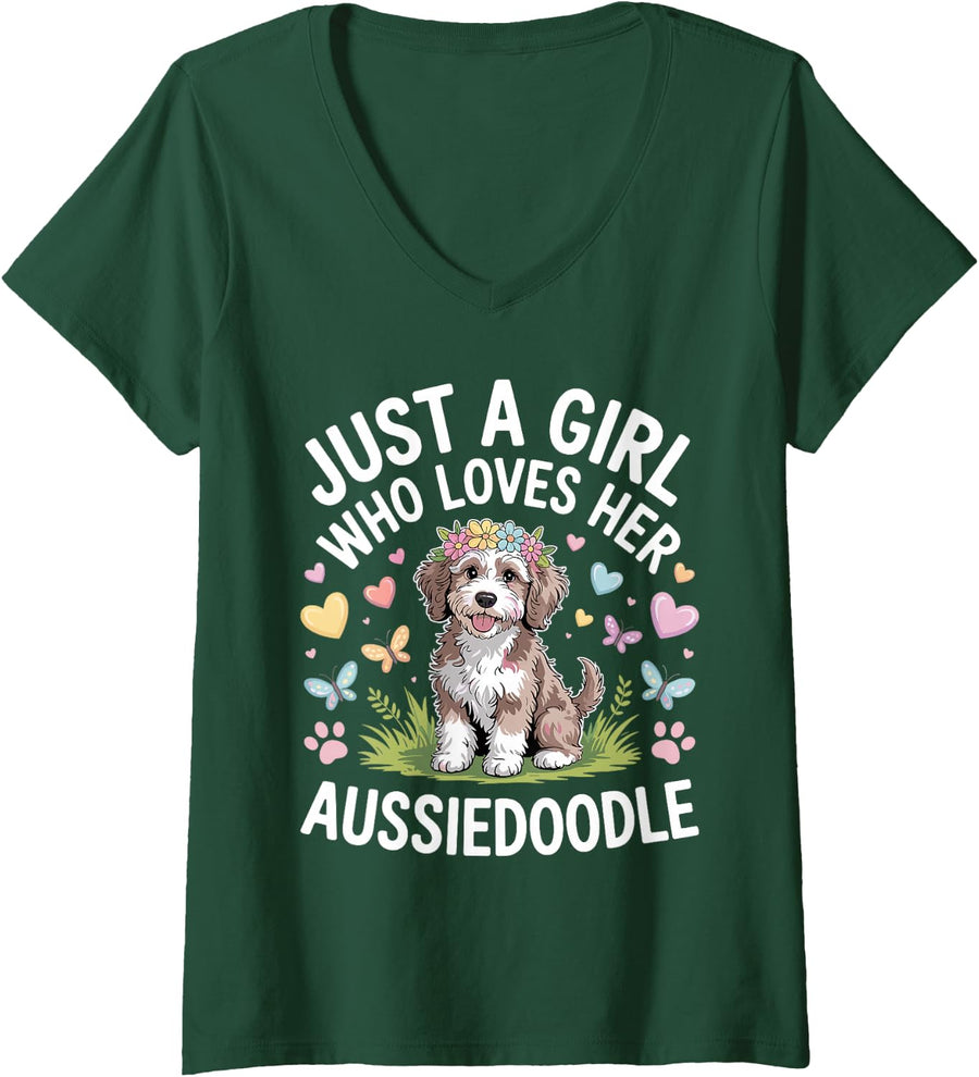 Women's Funny Aussiedoodle Art for Women Girls Aussie Doodle Lover V-Neck T-Shirt - Dark Green