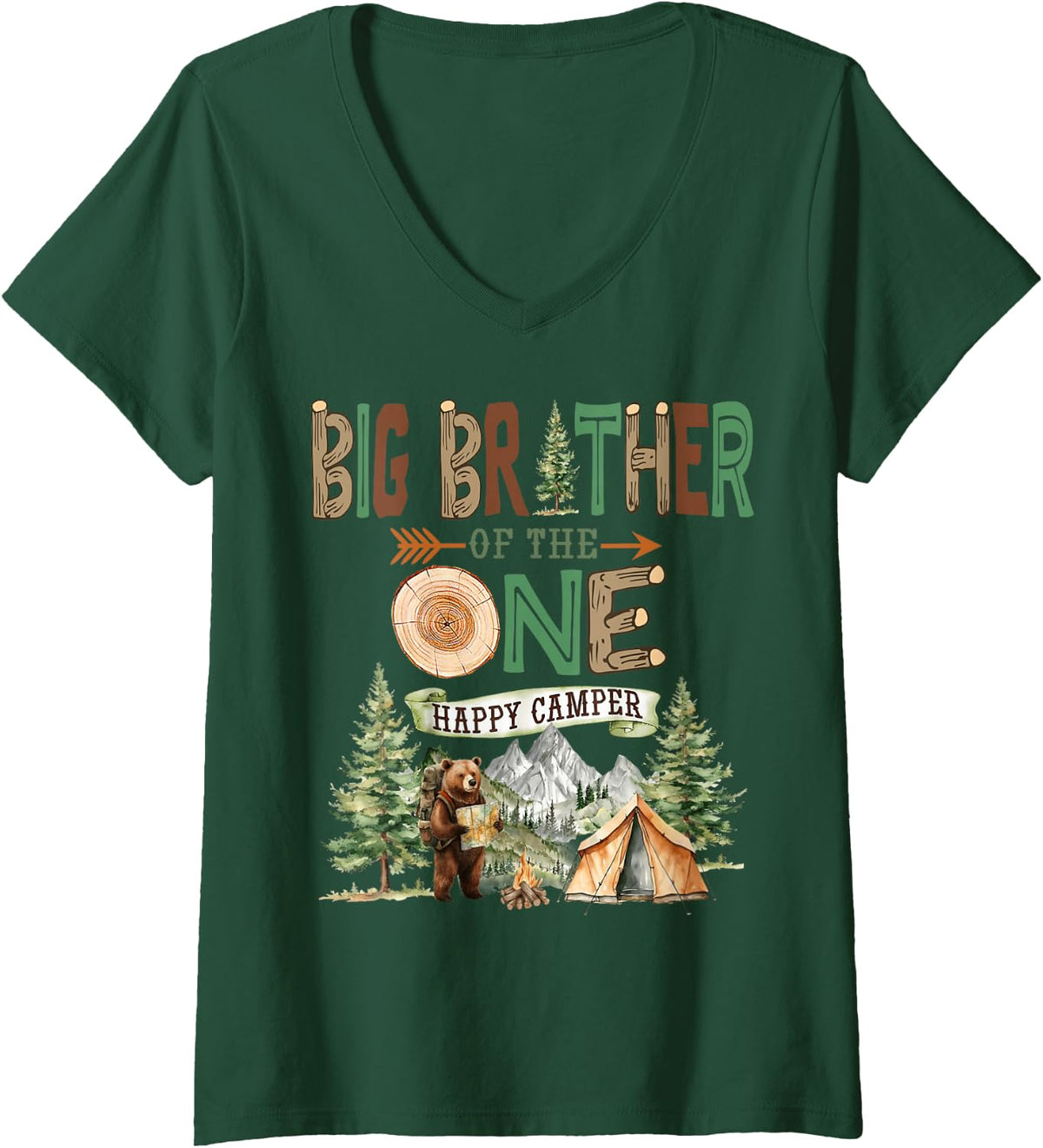 Women's Big Brother of The One Happy Camper 1st Birthday Camping V-Neck T-Shirt - Dark Green