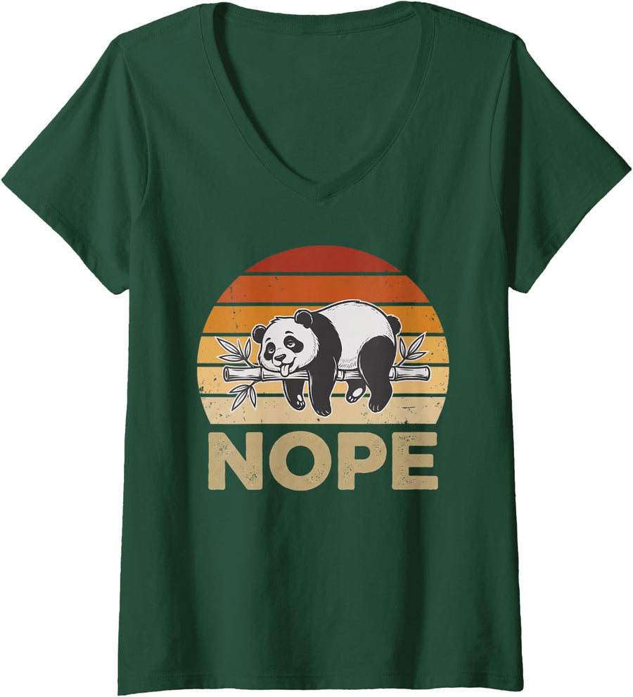 Women's Animal Art Funny Lazy Panda Bear Lover Nope Cartoon Humor V-Neck T-Shirt - Dark Green