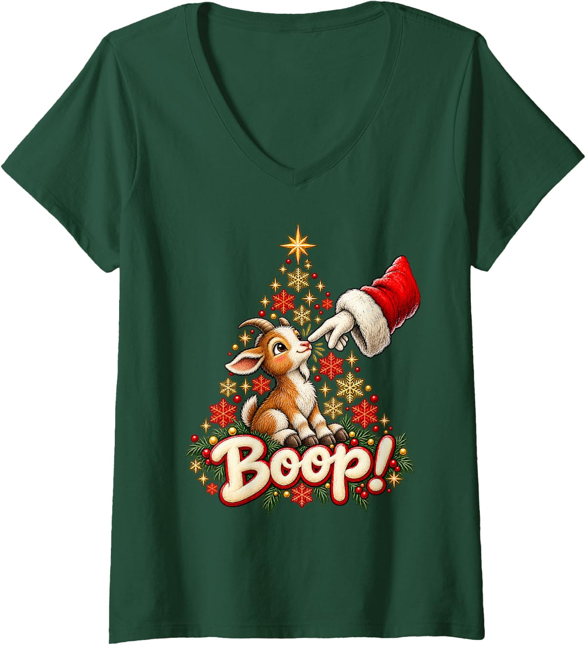 Women's Boop! Happy Goat Christmas Nose Boop V-Neck T-Shirt - Dark Green
