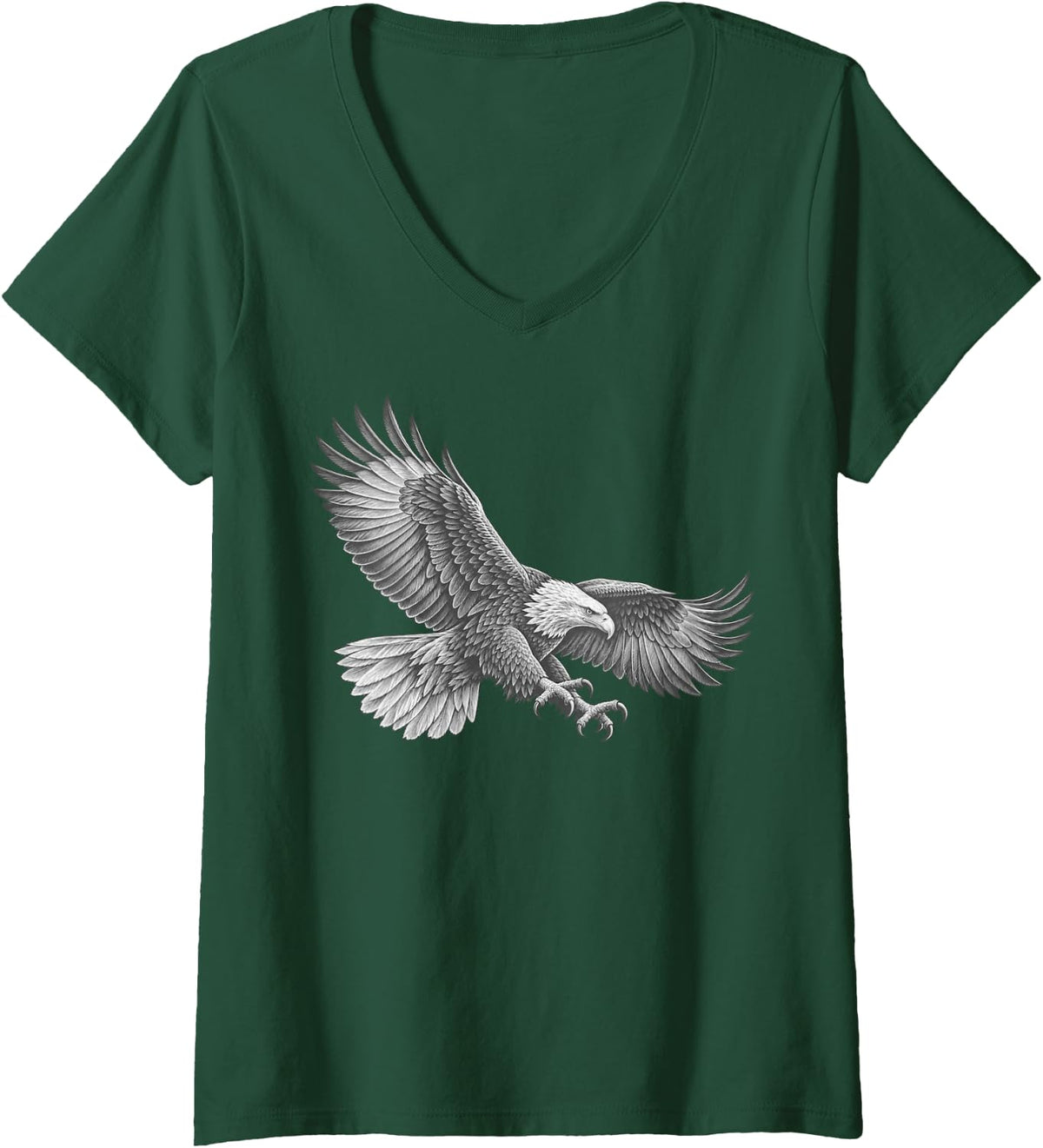 Women's Bald Eagle Diving Swoop Engraved Line Art V-Neck T-Shirt - Dark Green