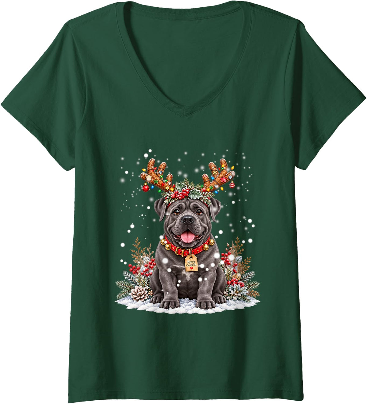 Women's Cane Corso Christmas Reindeer Lights Dog Lover Festive Xmas V-Neck T-Shirt - Dark Green