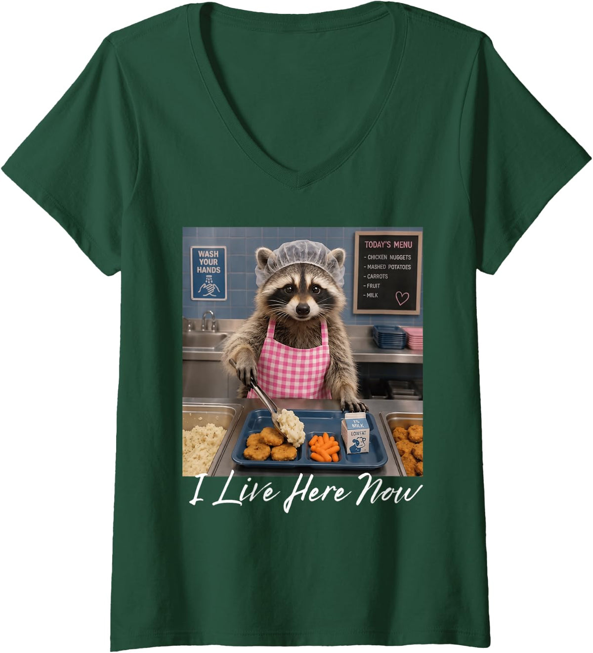 Women's I Live Here Now Funny Raccoon Cafeteria Lady Lunch Worker V-Neck T-Shirt - Dark Green