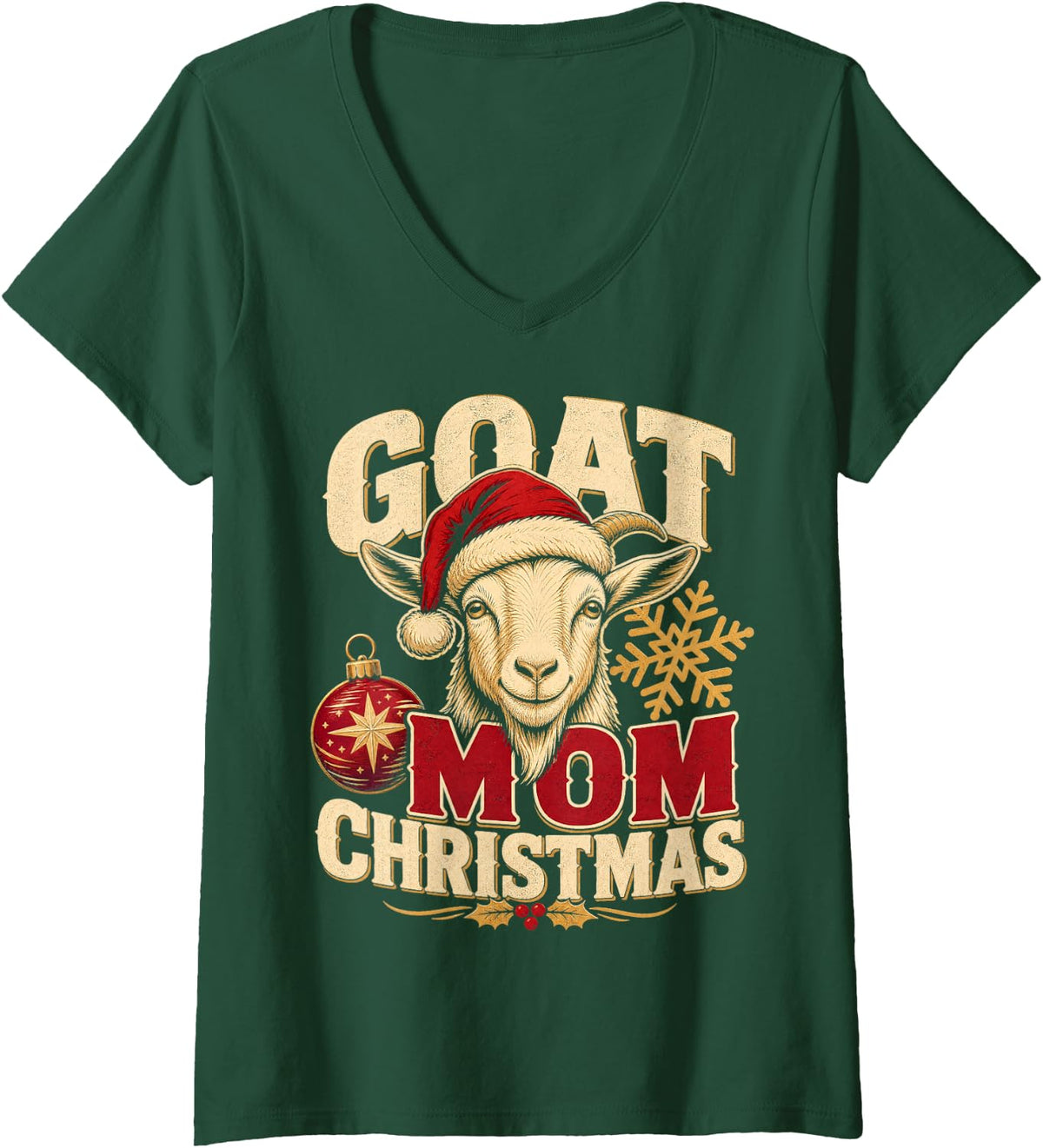 Women's Goat Mom Christmas Holiday V-Neck T-Shirt - Dark Green