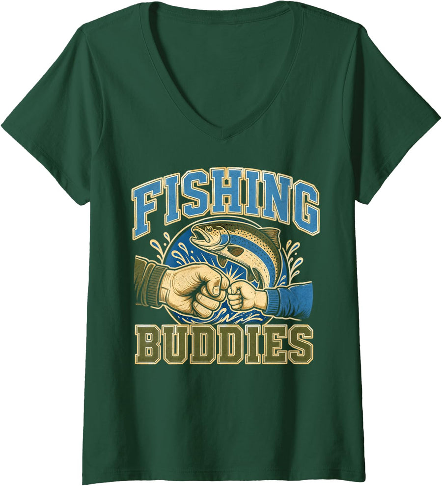 Women's Fishing Buddies Trout Anglers River V-Neck T-Shirt - Dark Green