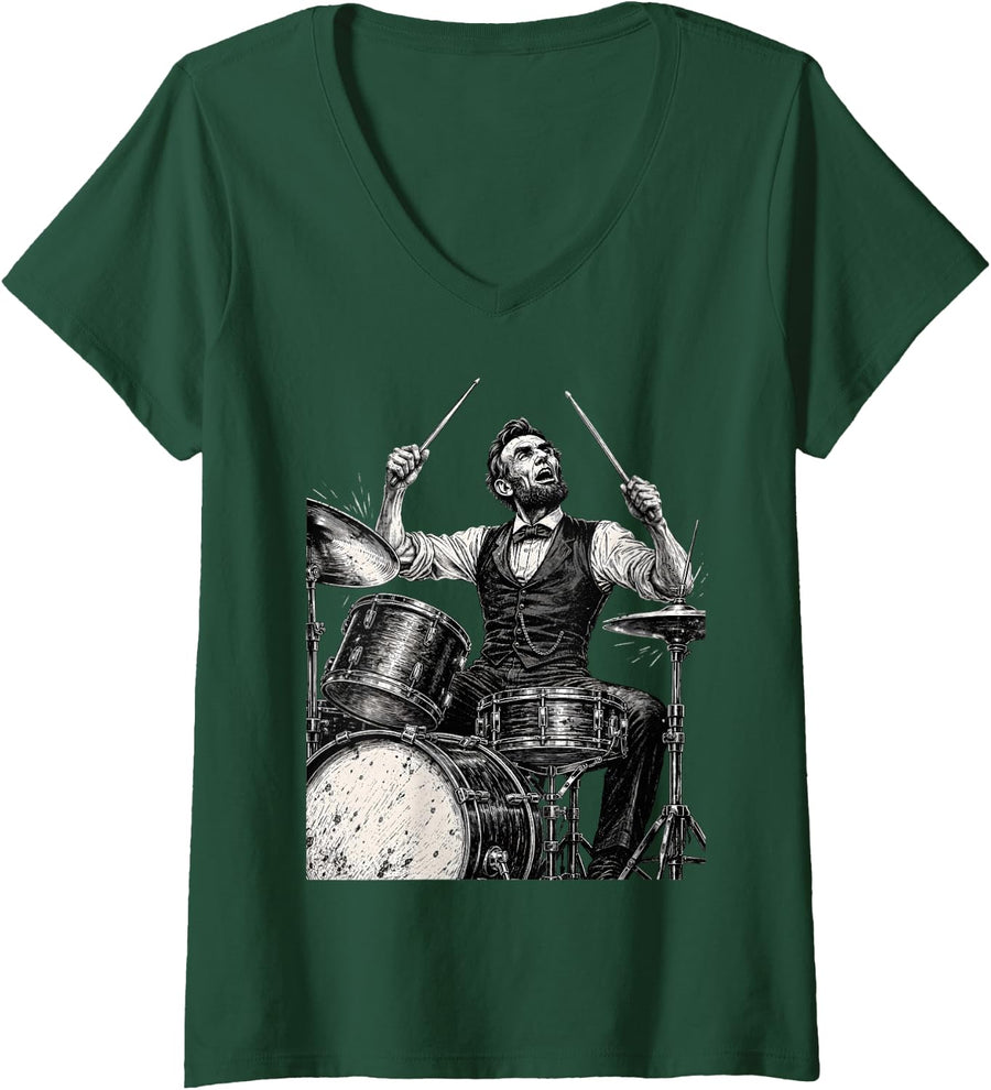 Women's President Abraham Lincoln Playing Battery Abe Lincoln V-Neck T-Shirt - Dark Green