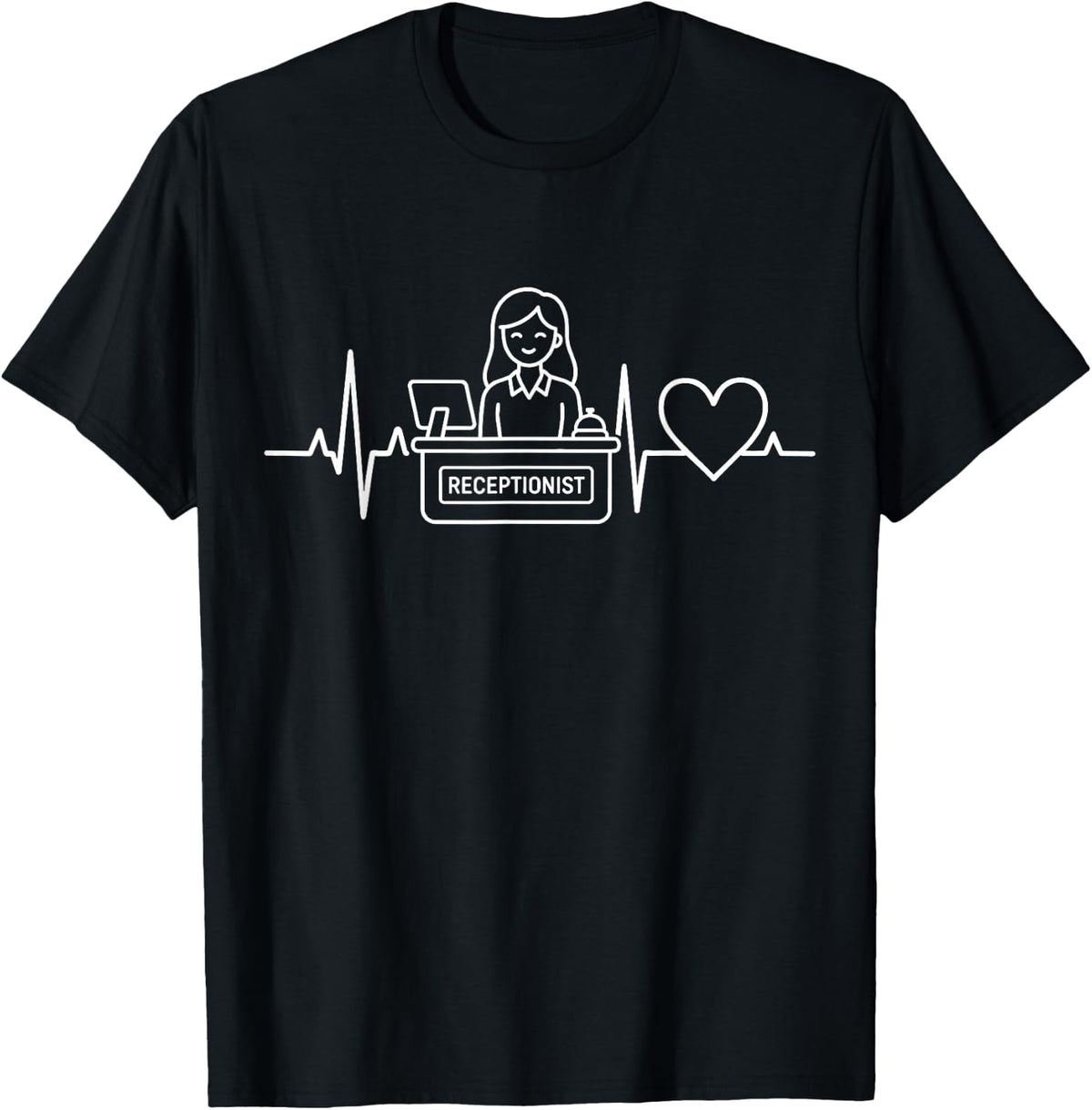 Receptionist Heartbeat Desk Worker Pulse Line Art T-Shirt - Black