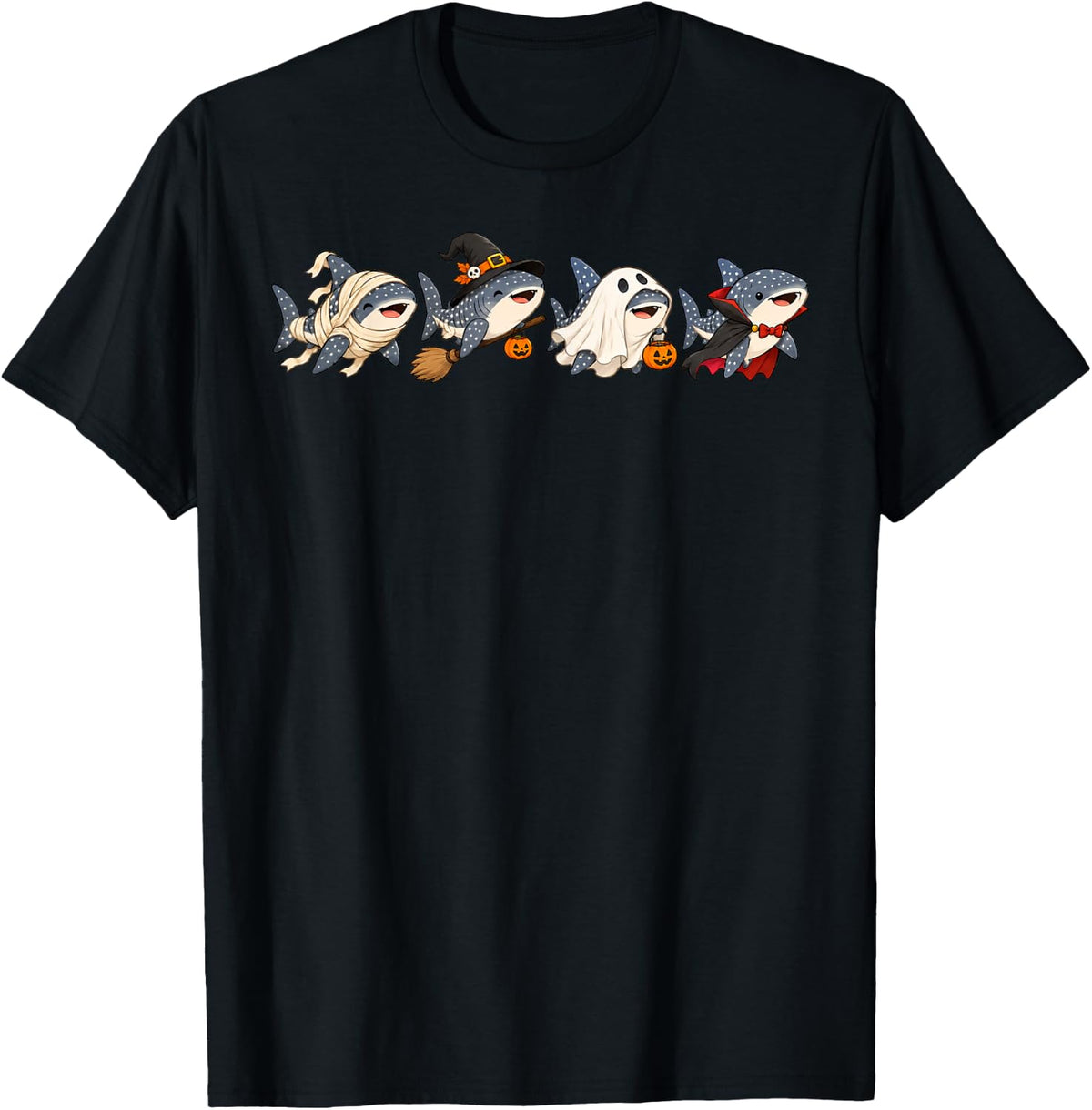 Halloween Whale Shark Funny Spooky Ghost Witch Mummy Whale T-Shirt - Black