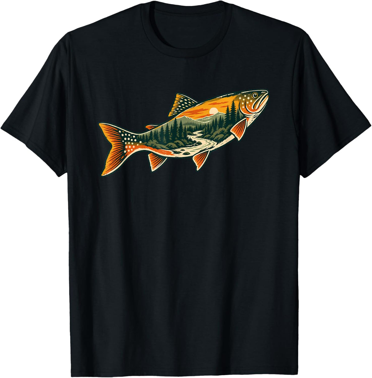 Trout Silhouette with Forest Stream Retro Landscape T-Shirt - Black