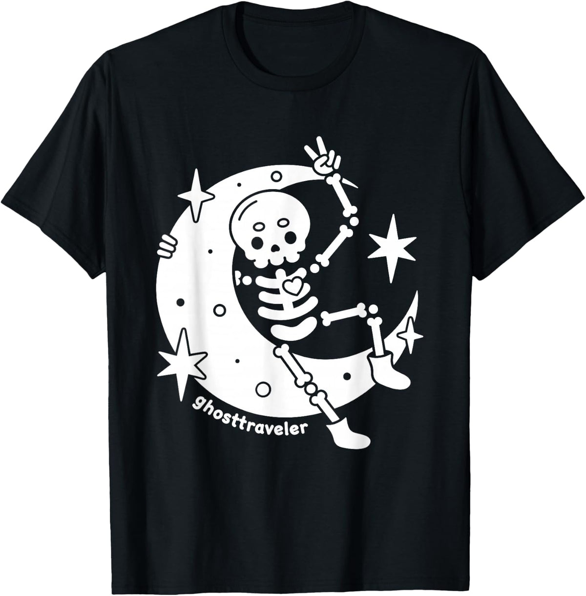 Ghosttraveler Skeleton On The Moon Spooky T-Shirt - Black