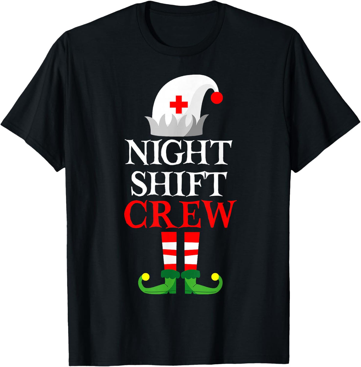 Elf Nursing Shirt Women, Christmas Nurse Night Shift Crew T-Shirt - Black