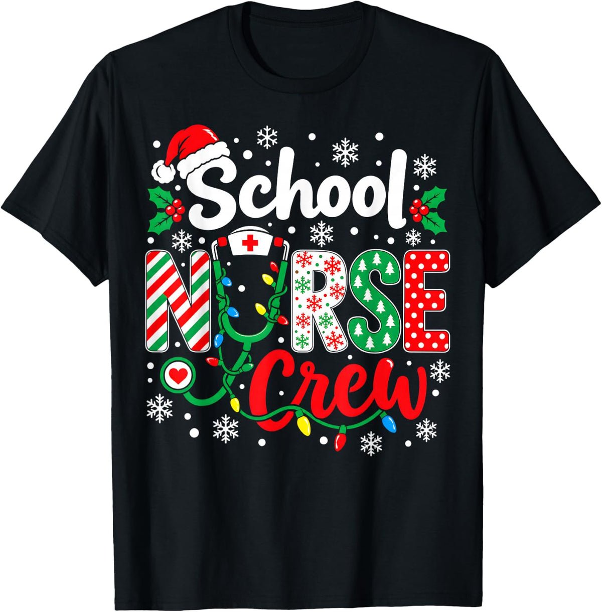 School Nurse Crew Christmas Stethoscope Xmas Lights T-Shirt - Black