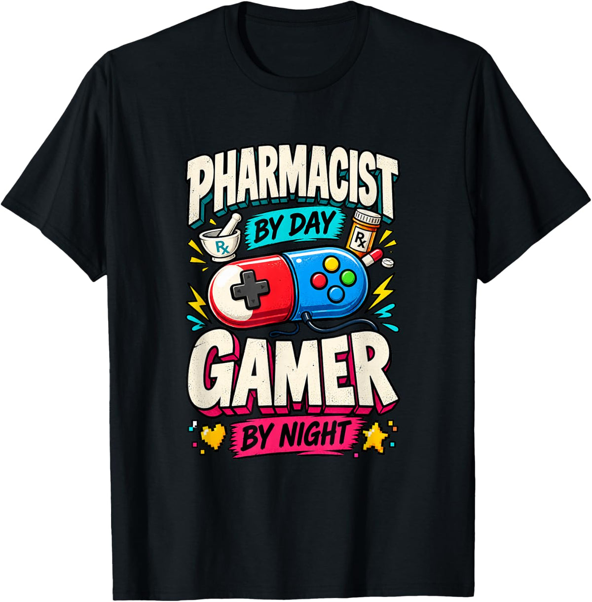 Pharmacy Tech Gamer By Night Video Game Humor T-Shirt - Black