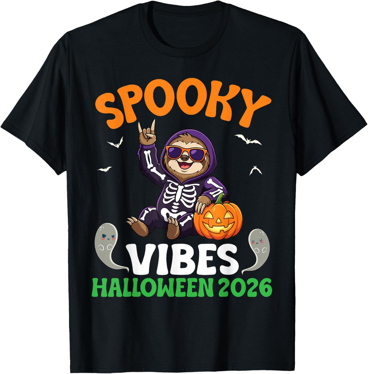 Spooky Vibes Halloween 2026 Rocking Sloth Skeleton Pumpkins T-Shirt - Black