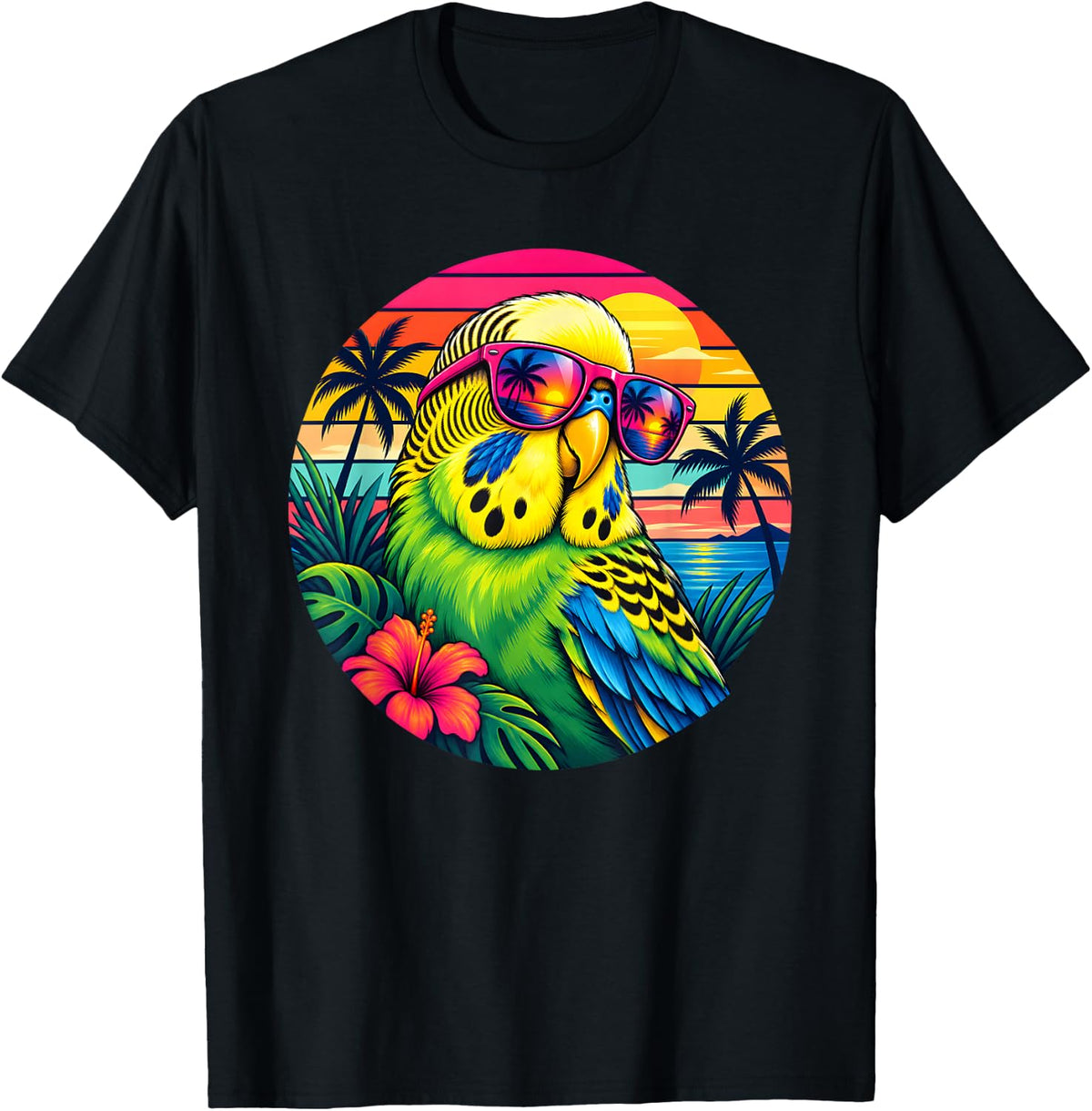 Budgie Parakeet Lover Retro Sunset Tropical Bird T-Shirt - Black