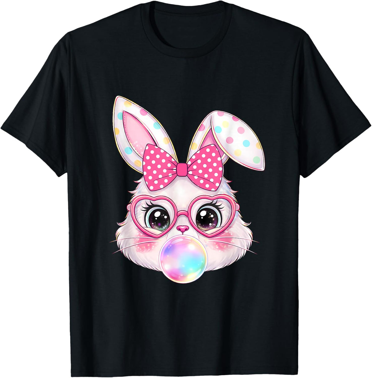 Retro Easter Bunny Bubble Gum Heart Glasses Spring Girls T-Shirt - Black