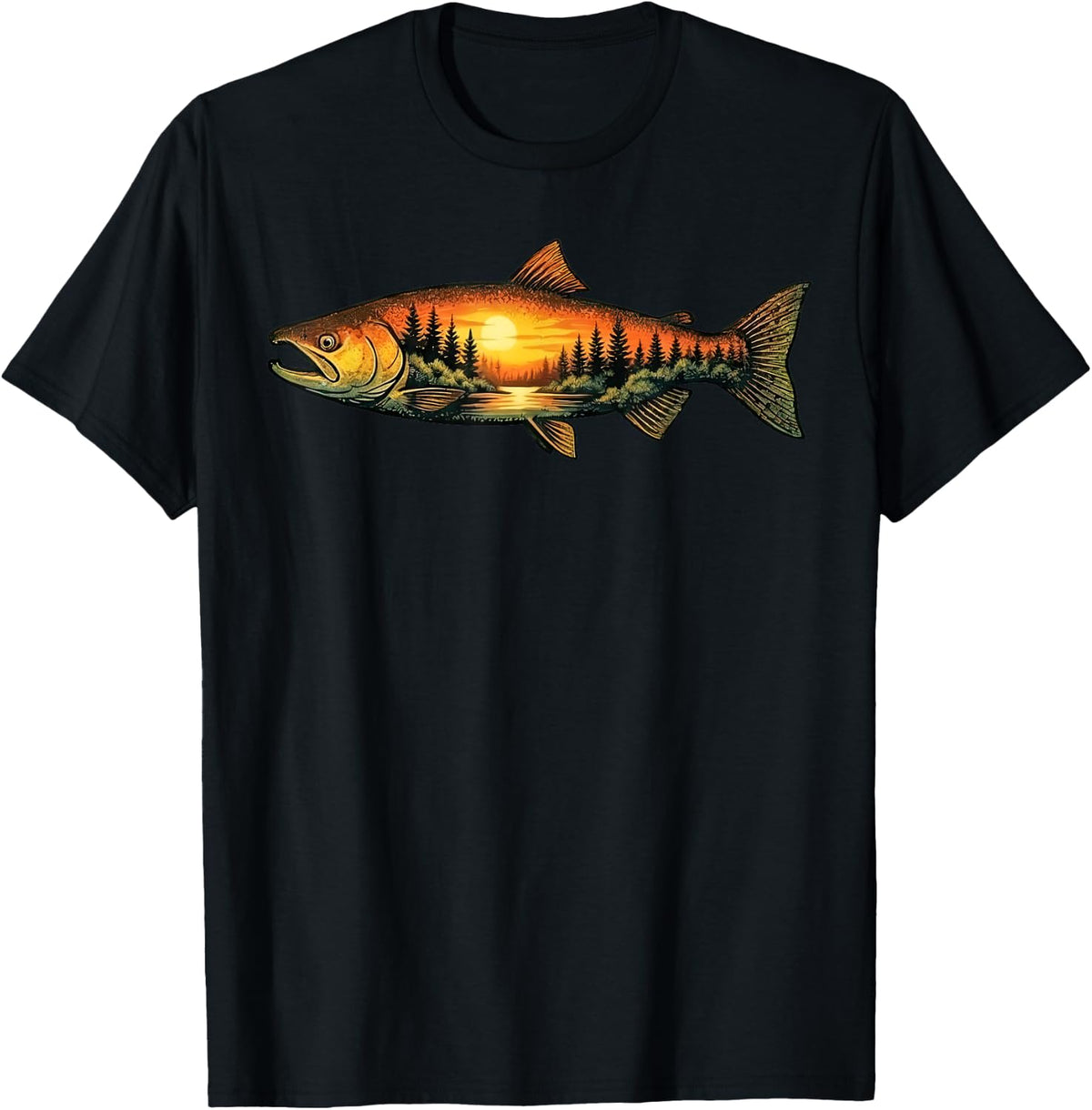 Salmon Fishing Sunset Nature Landscape T-Shirt - Black