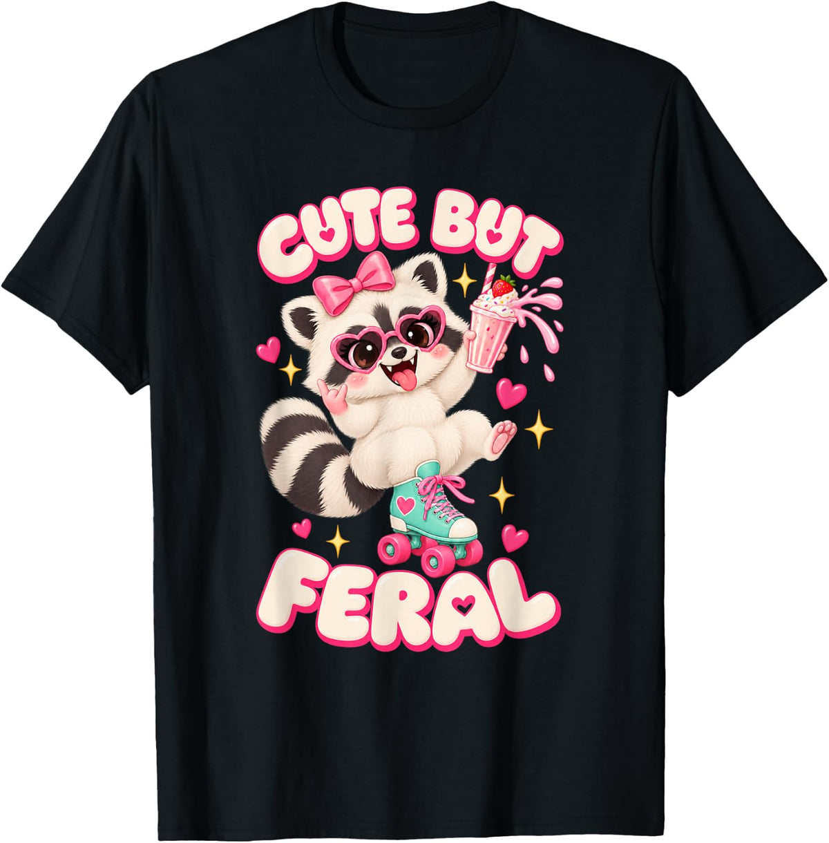 Roller Skate Raccoon Shake Funny Girls Kawaii Cute But Feral T-Shirt - Black