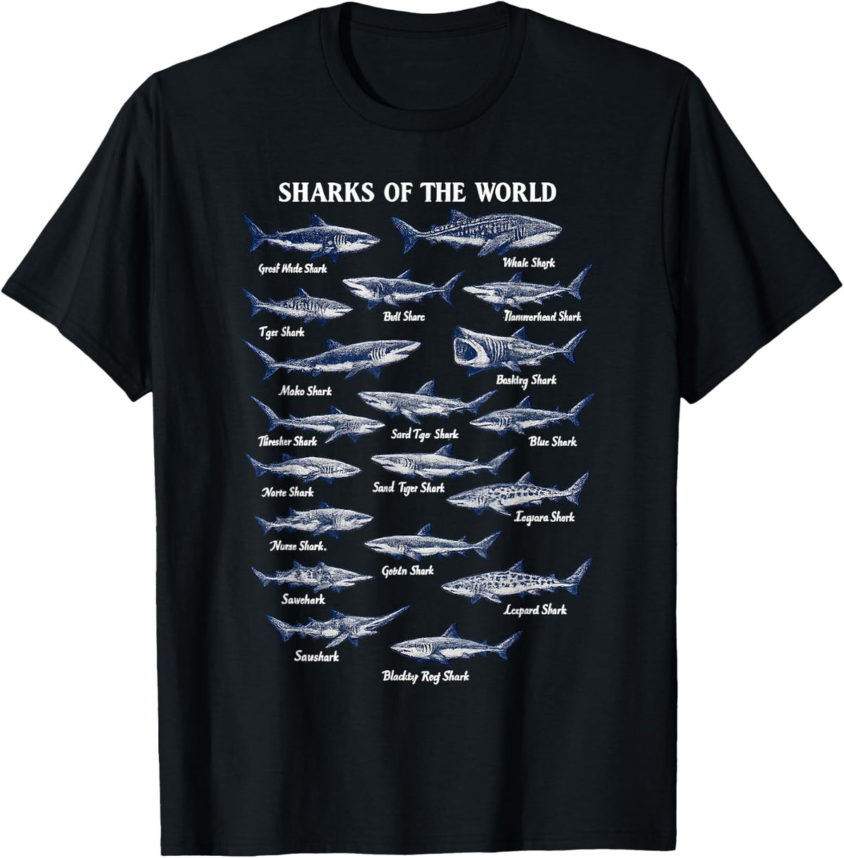 Shark Species Biology Tees Different Types of Sharks T Shirts for Men Women - Black