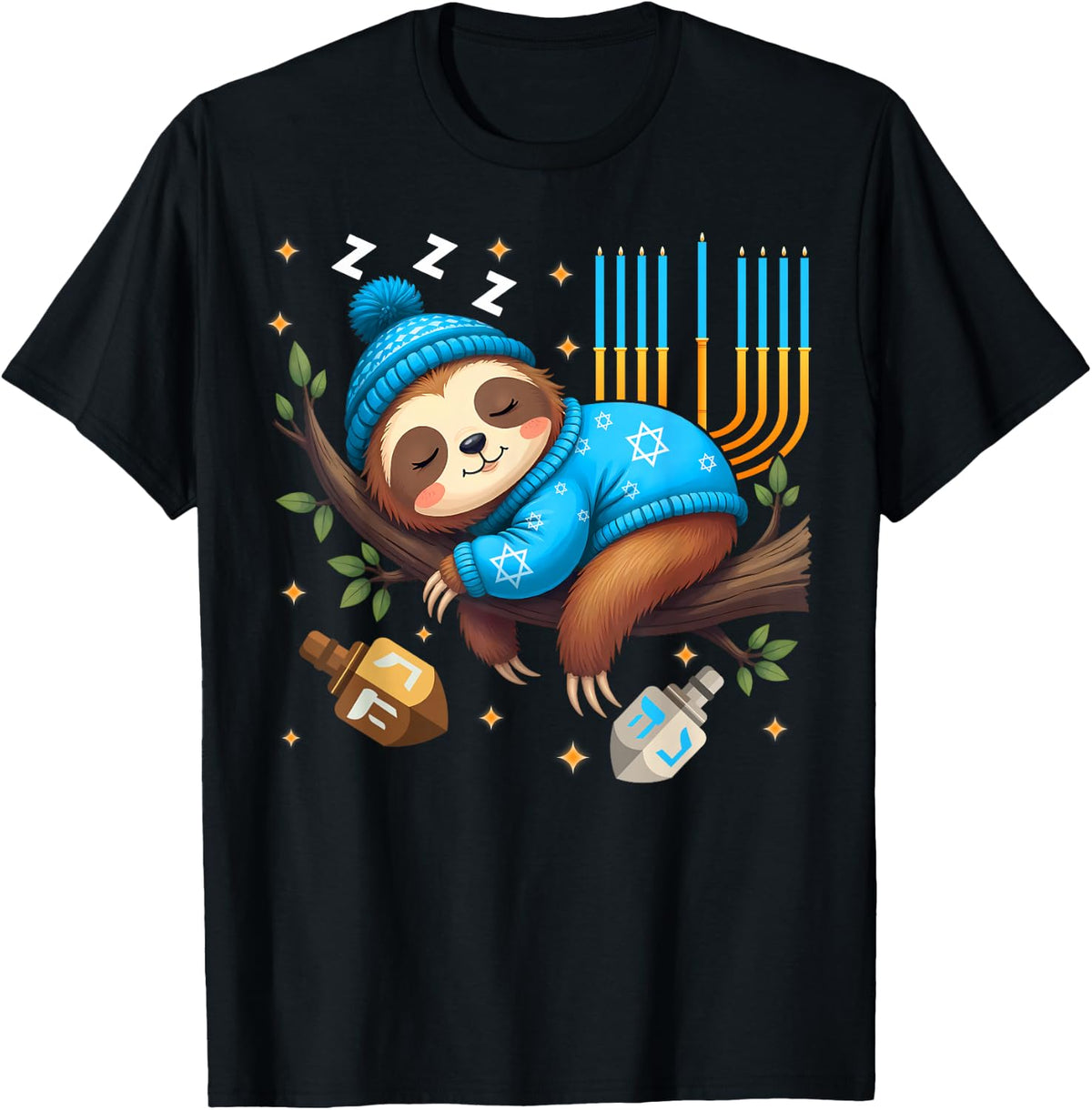 Sleeping Sloth Menorah Happy Hanukkah Chanukah Pajamas Kids T-Shirt - Black