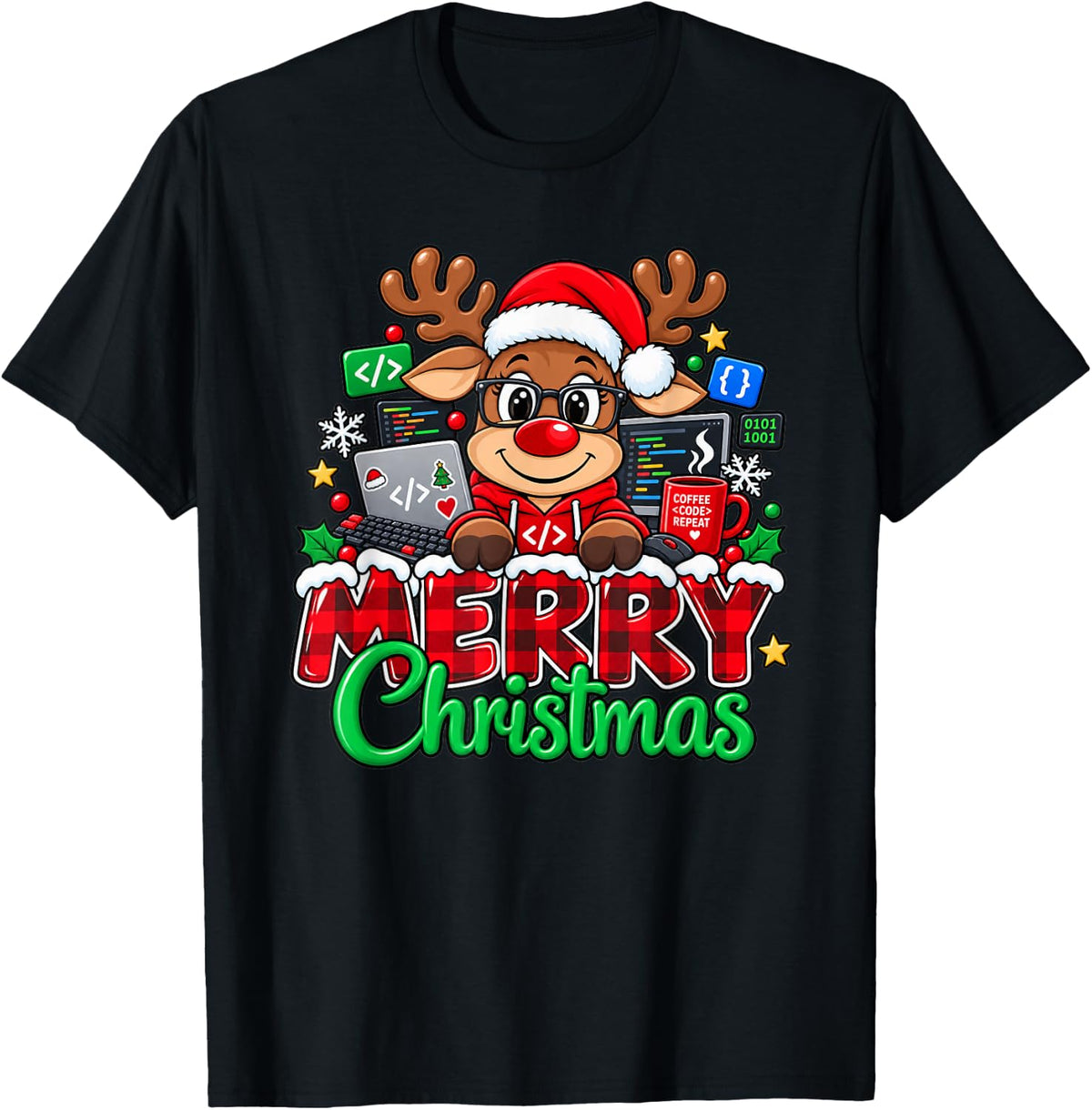 Merry Christmas Reindeer Programmer Family Matching Reindeer T-Shirt - Black