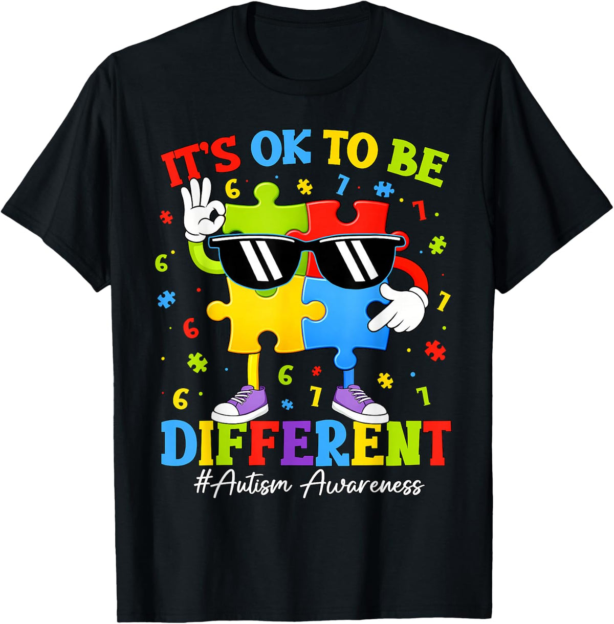 It's Ok to Be Different Six Seven 67 Puzzle Autism Awareness T-Shirt - Black