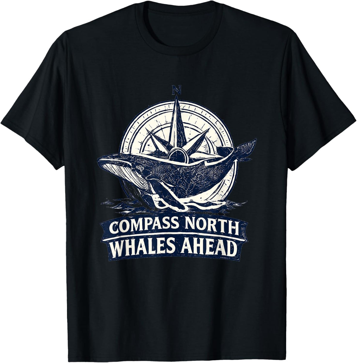 Compass North Whales Ahead Nautical Whale Watching T-Shirt - Black