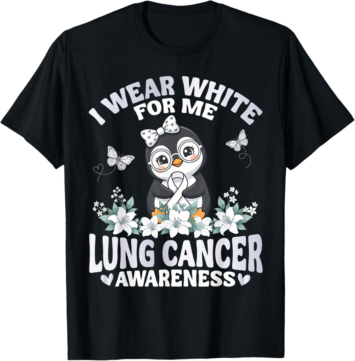 I Wear White for Me Lung Cancer Awareness Penguin Warrior T-Shirt - Black