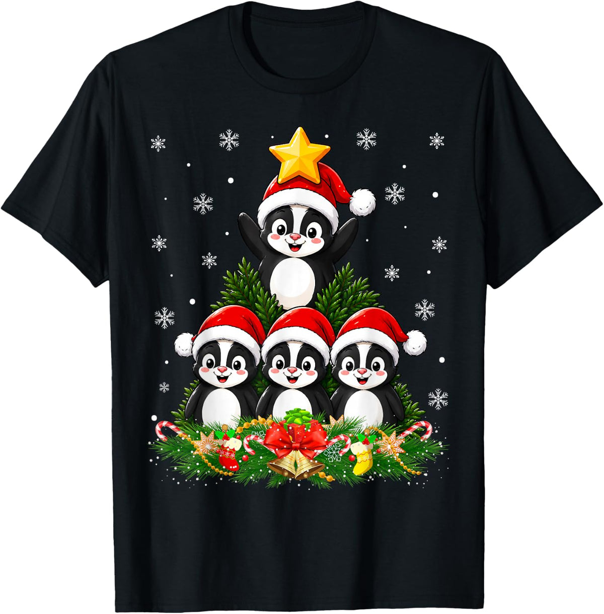 Penguin Christmas Tree Cute Penguin Festive Cheer Xmas T-Shirt - Black