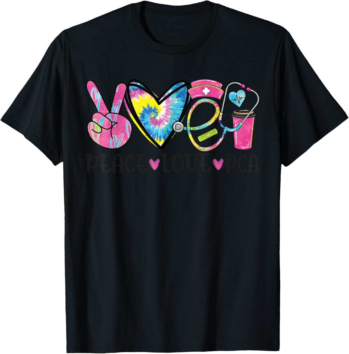 Peace Love PCA Patient Care Assistant Heart Stethoscope T-Shirt - Black