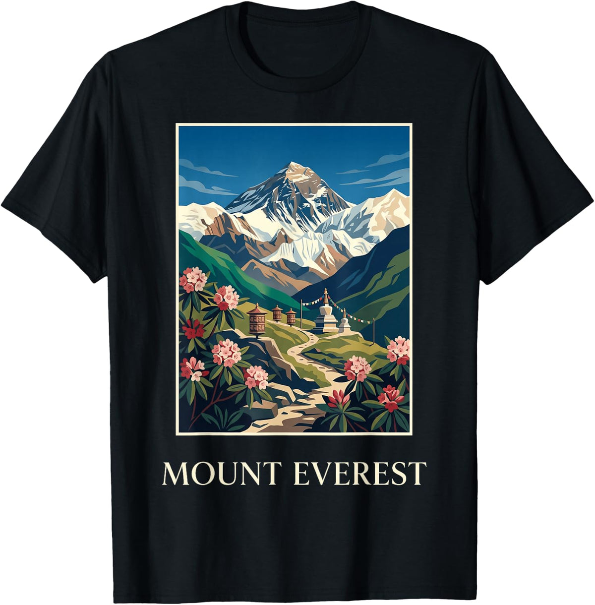 Mount Everest Himalayan Peak Scenic Travel Illustration T-Shirt - Black