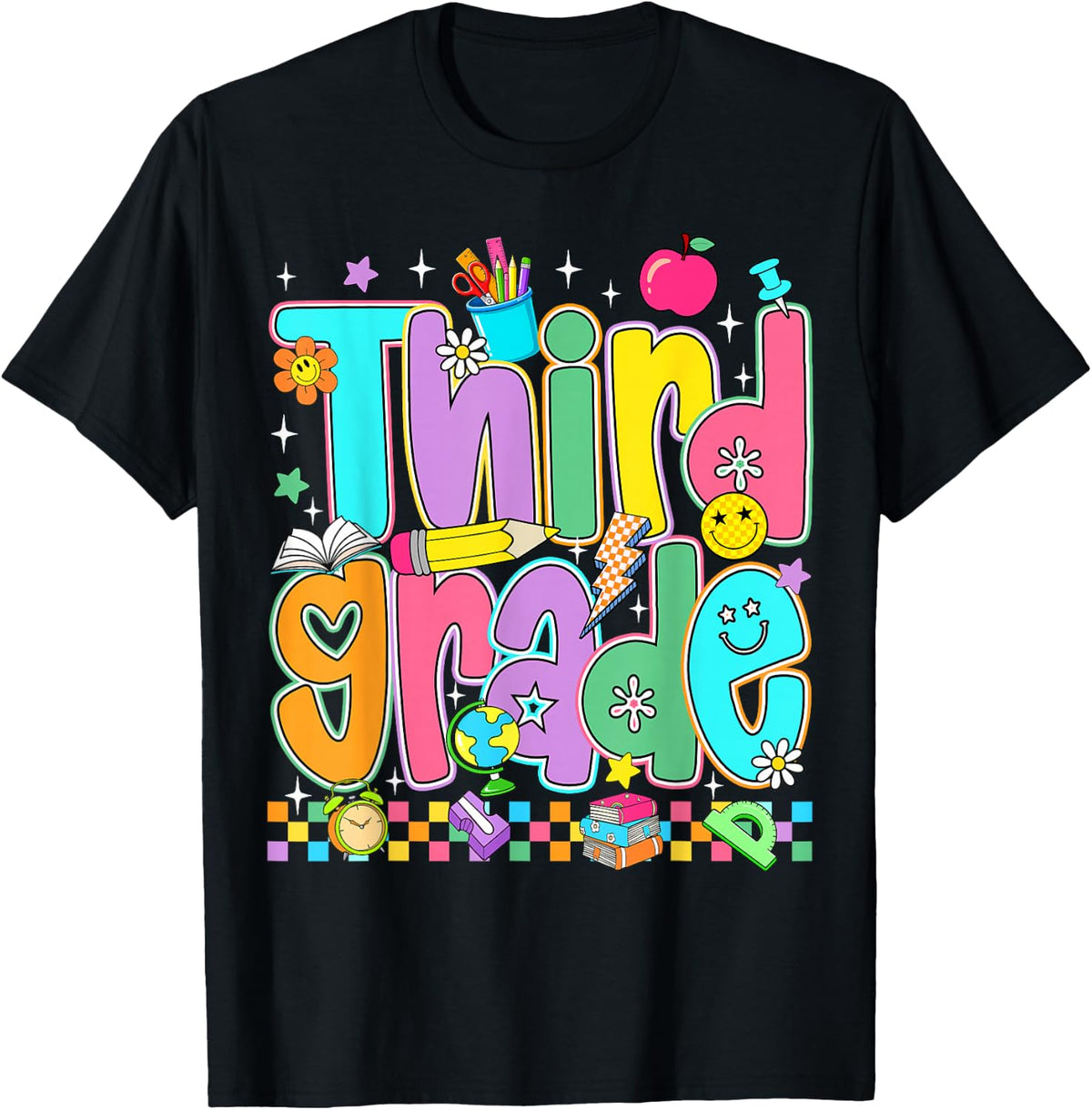 Preppy Third Grade Back to School 3rd Grade Teacher Kids T-Shirt - Black