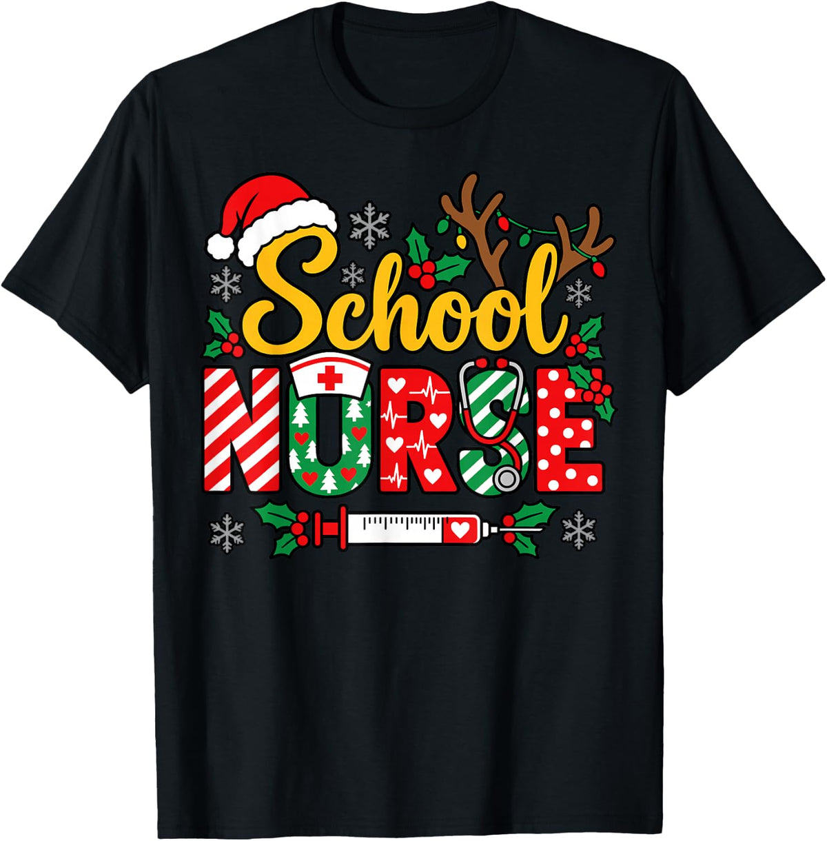 School Nurse Christmas Stethoscope Antlers RN Xmas T-Shirt - Black