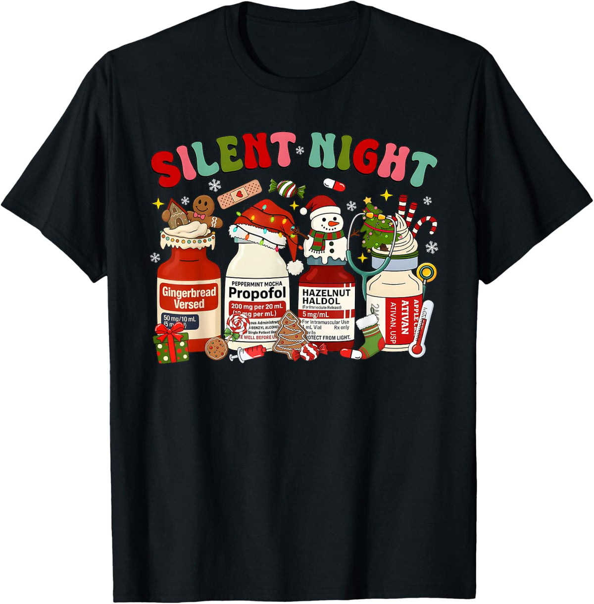 Xmas Nurses Funny Silent Night Christmas ICU Nurse Propofol T-Shirt - Black