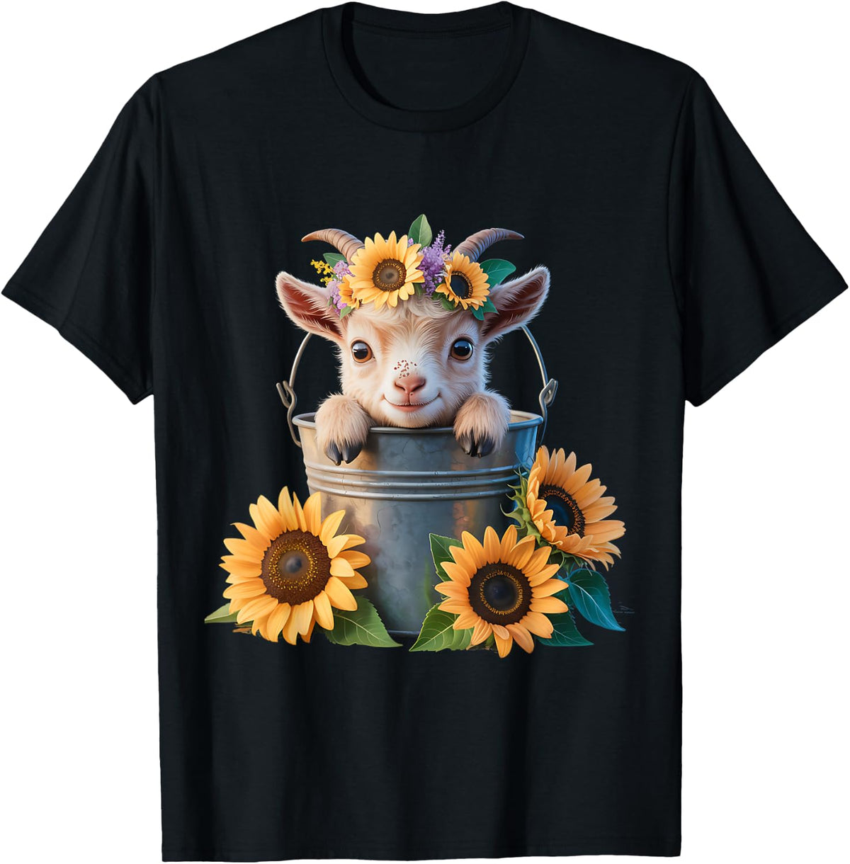 Cute Baby Goat Sunflowers In Bucket Calf Farm Design T-Shirt - Black